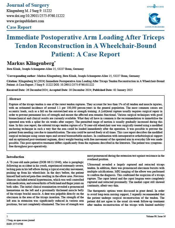 Sofortige postoperative Armbelastung nach Trizeps Sehnenrekonstruktion im Rollstuhl Geduldig